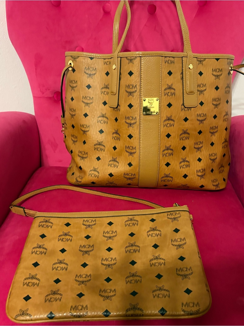 MCM Cognac Visetos Logo Tote with Matching Pouch
